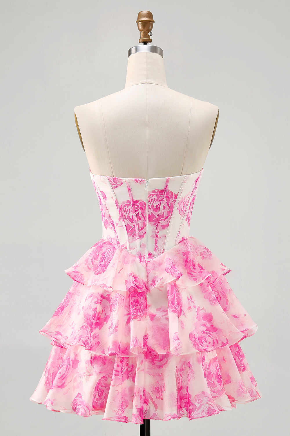 A-Line Strapless Corset Tiered Fuchsia Floral Short Prom Dress