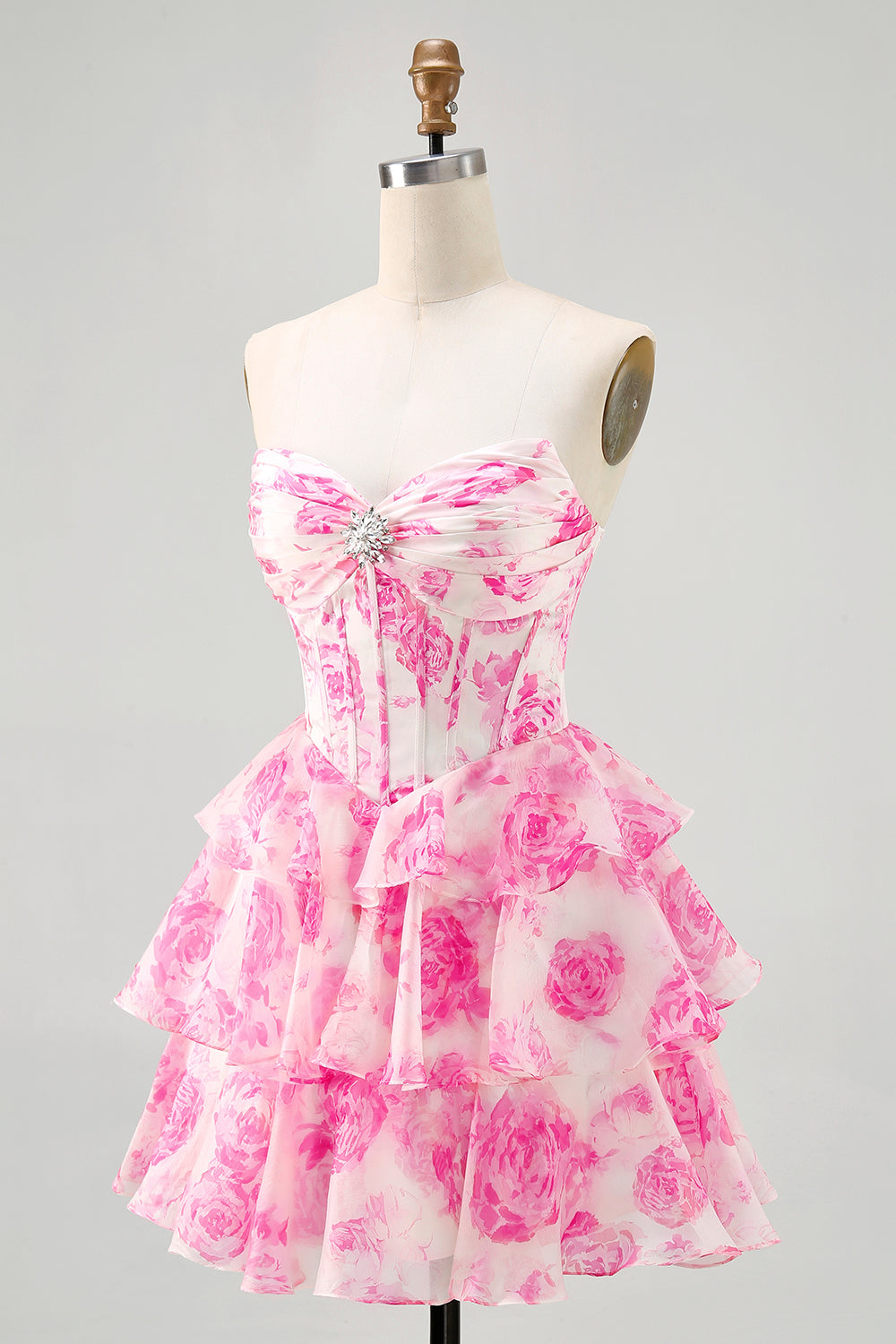 A-Line Strapless Corset Tiered Fuchsia Floral Short Prom Dress
