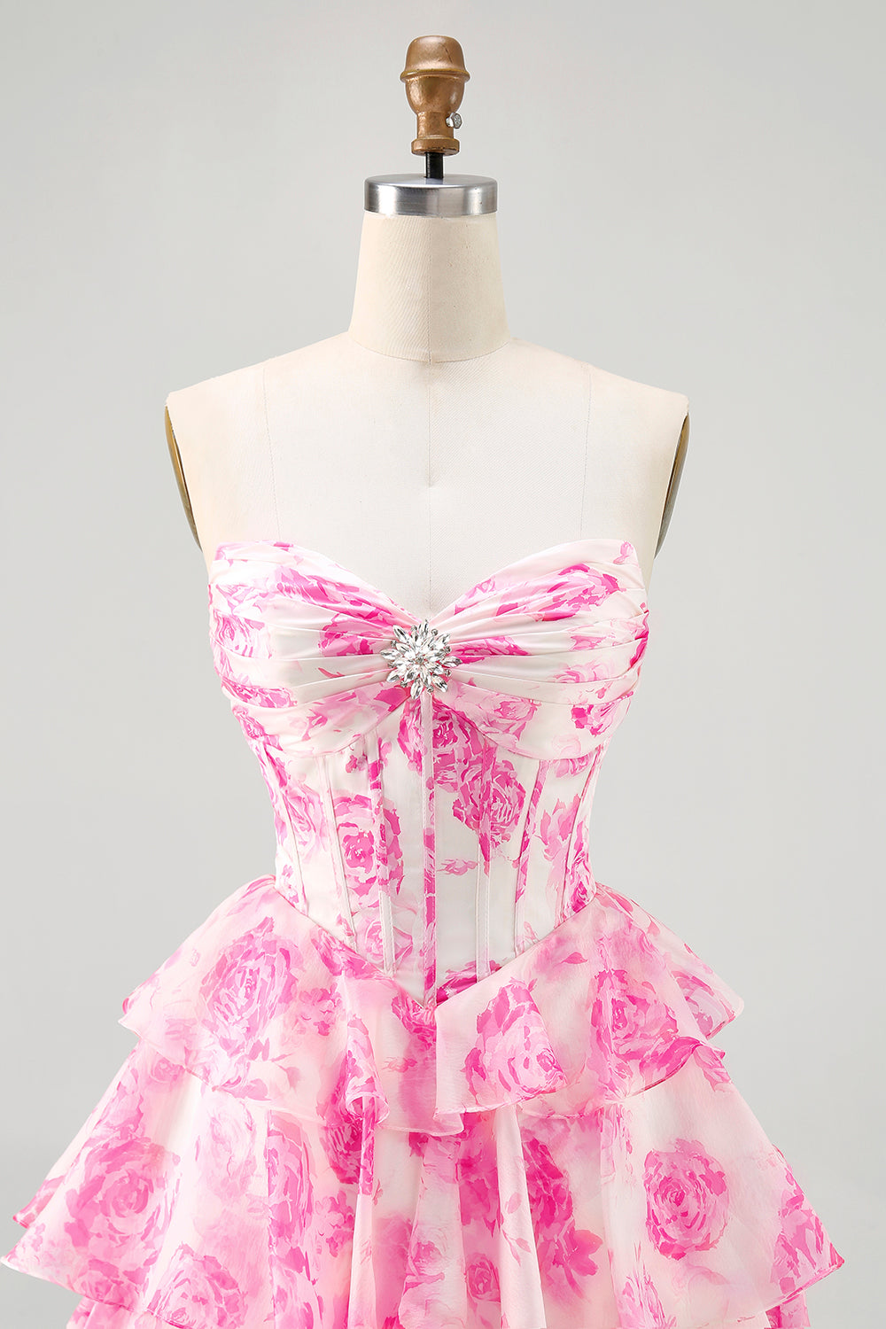 A-Line Strapless Corset Tiered Fuchsia Floral Short Prom Dress