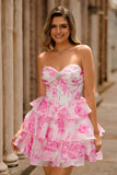 Strapless A-Line Corset Tiered Fuchsia Floral Short Prom Dress