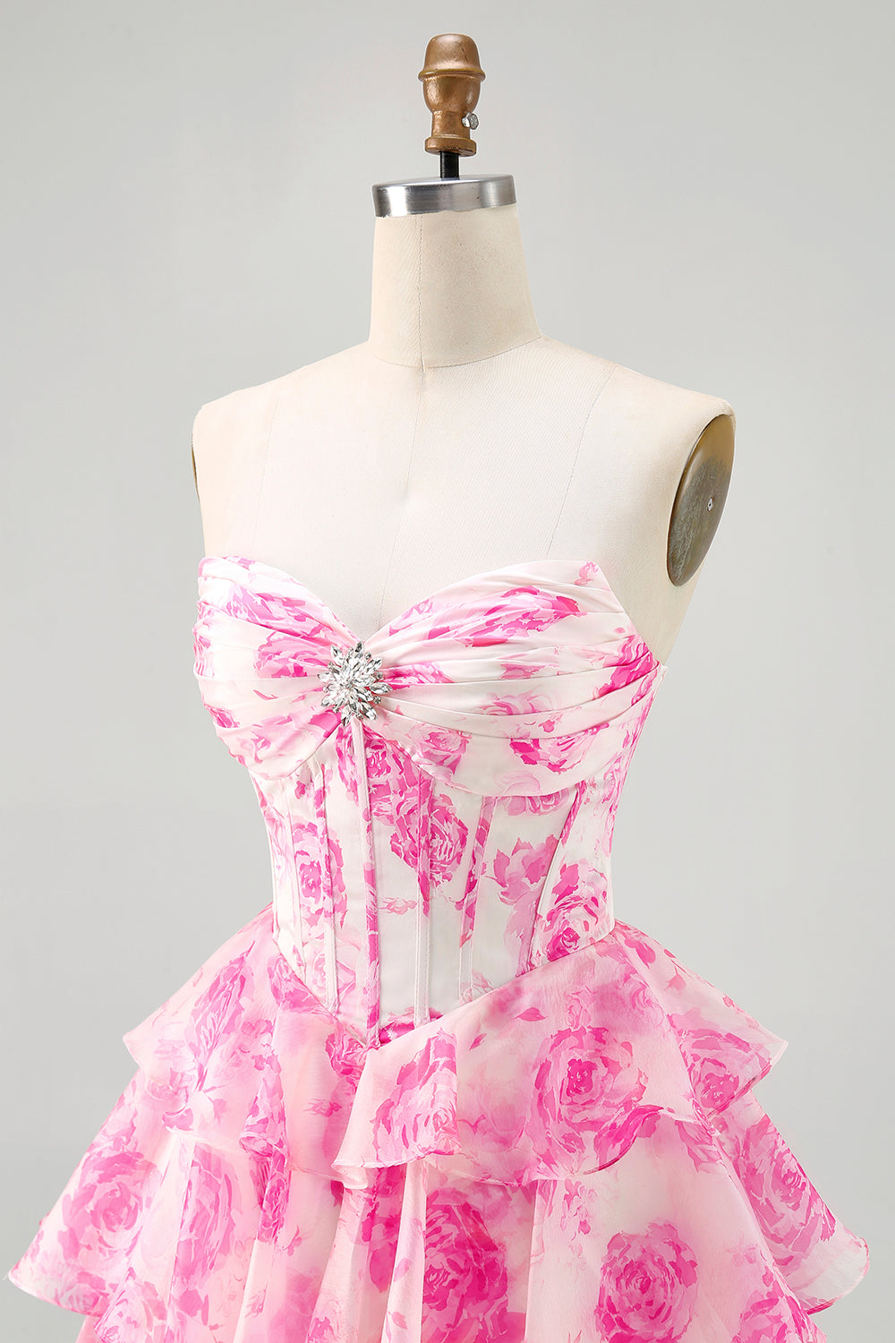 A-Line Strapless Corset Tiered Fuchsia Floral Short Prom Dress