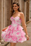 Strapless A-Line Corset Tiered Fuchsia Floral Short Prom Dress