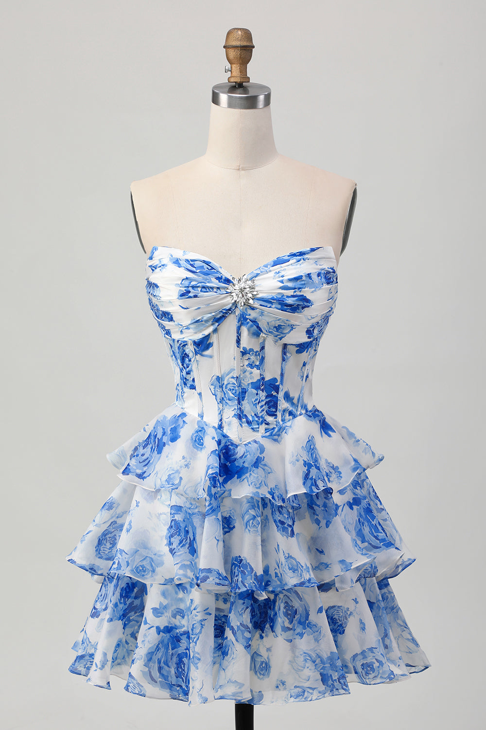 White Blue Floral Corset A-line Strapless Tiered Short Prom Dress
