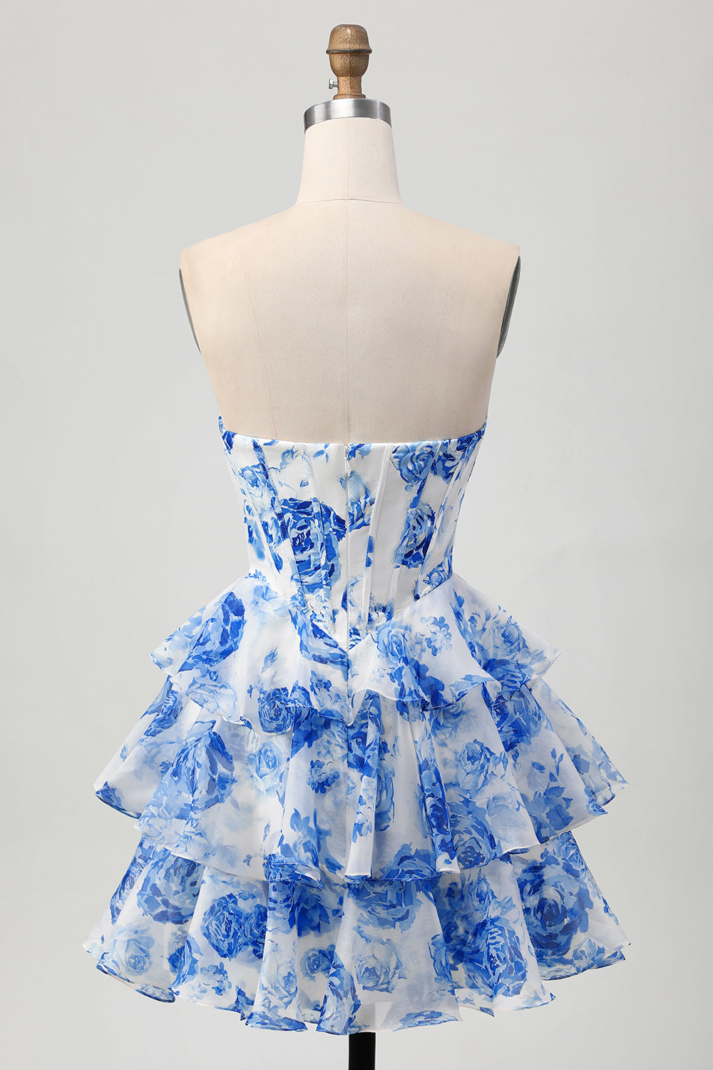 White Blue Floral Corset A-line Strapless Tiered Short Prom Dress
