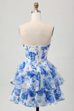White Blue Floral Corset A-line Strapless Tiered Short Prom Dress