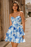 White Blue Floral Corset A-line Strapless Tiered Short Prom Dress