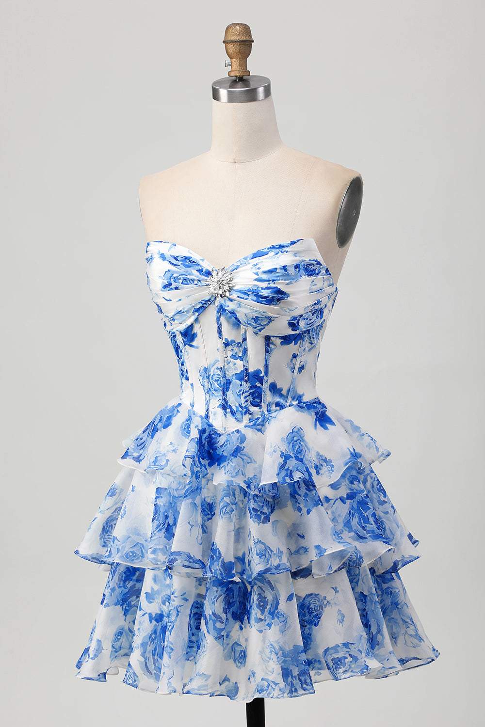 A-Line Strapless Corset Tiered Fuchsia Floral Short Prom Dress