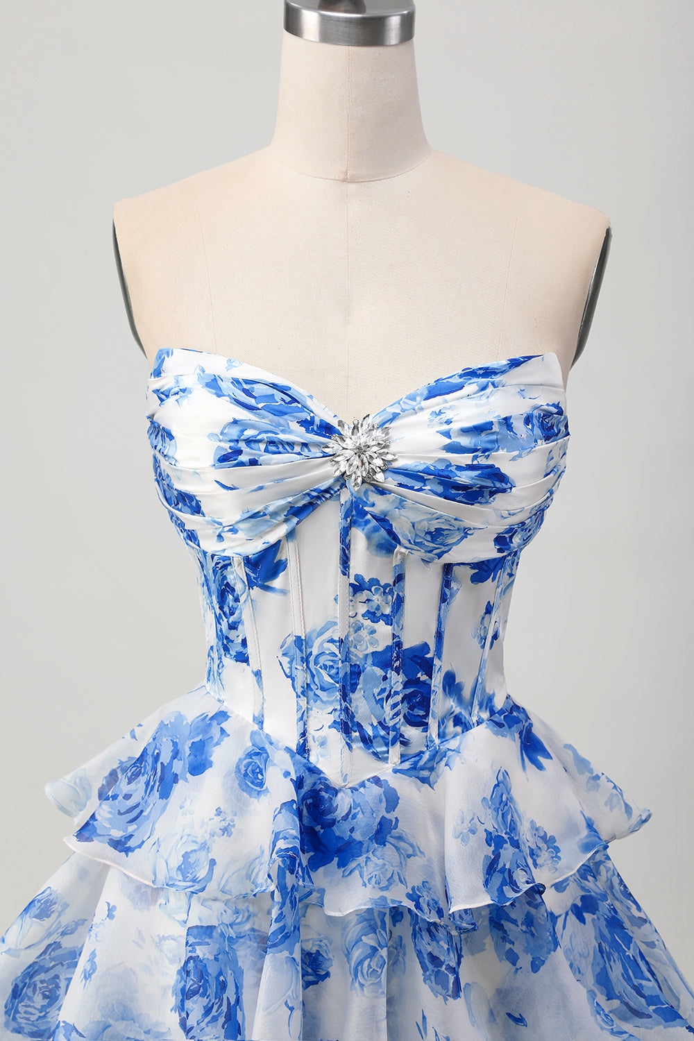 A-Line Strapless Corset Tiered Fuchsia Floral Short Prom Dress