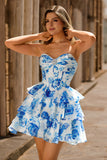 White Blue Floral Corset A-line Strapless Tiered Short Prom Dress