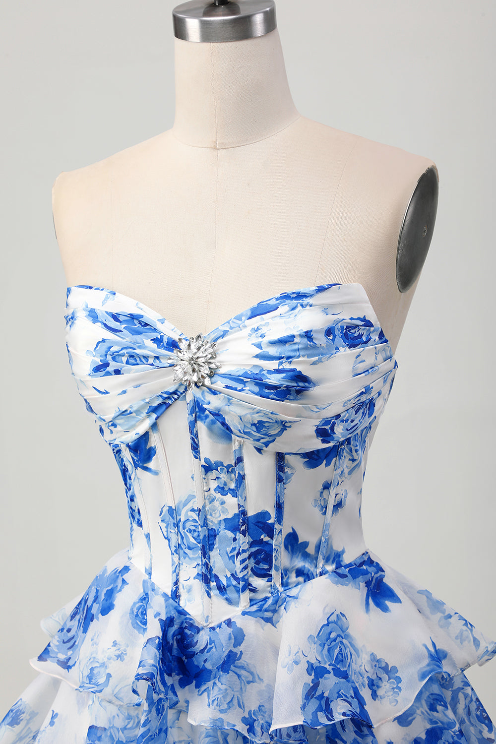 A-Line Strapless Corset Tiered Fuchsia Floral Short Prom Dress