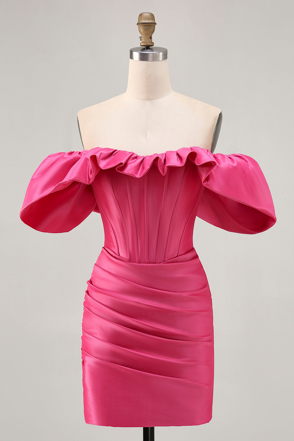Satin Off The Shoulder Fuchsia Ruffled Tight Cocktail Dress