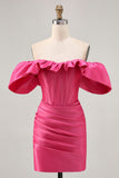 Satin Off The Shoulder Fuchsia Ruffled Tight Cocktail Dress