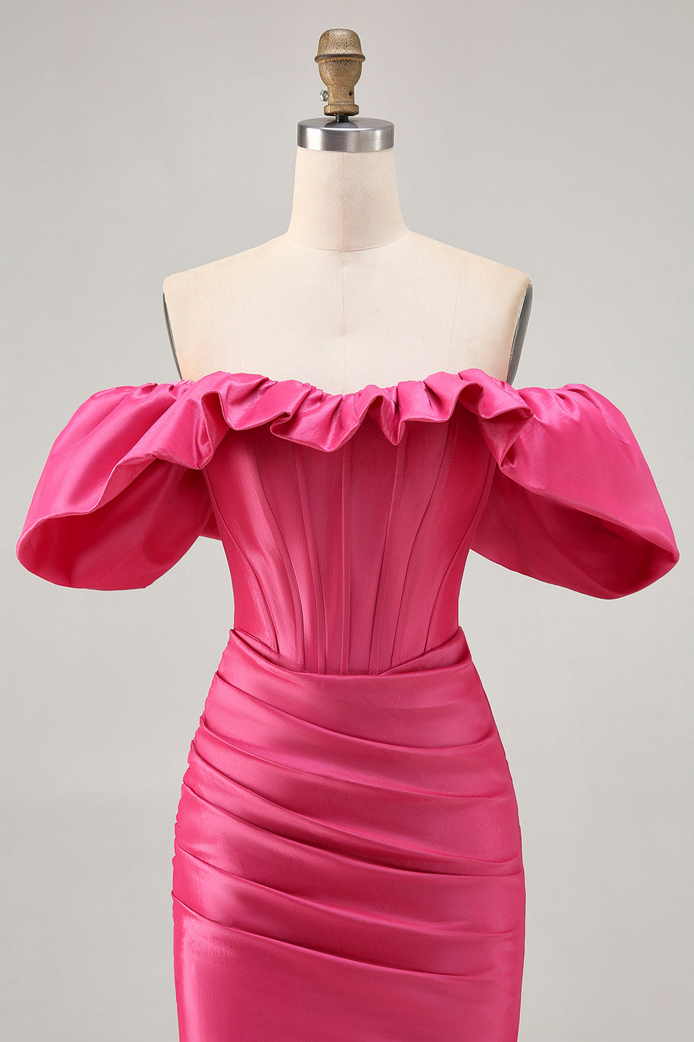 Satin Off The Shoulder Fuchsia Ruffled Tight Cocktail Dress