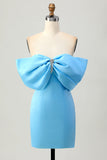 Blue Strapless Ruched Tight Short Prom Dress with Lace-up Back