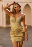 Golden Bodycon Strapless Beaded Short Prom Dress