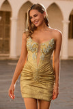 Golden Bodycon Strapless Beaded Short Prom Dress