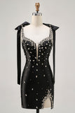 Sparkly Black Spaghetti Straps Tight Rhinestones Short Cocktail Dress with Slit