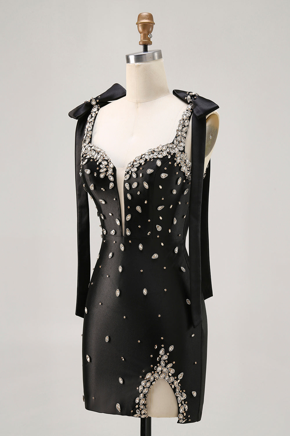 Sparkly Black Tight Rhinestones Cocktail Dress with Slit