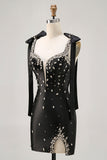 Sparkly Black Tight Rhinestones Cocktail Dress with Slit