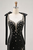 Sparkly Black Tight Rhinestones Cocktail Dress with Slit