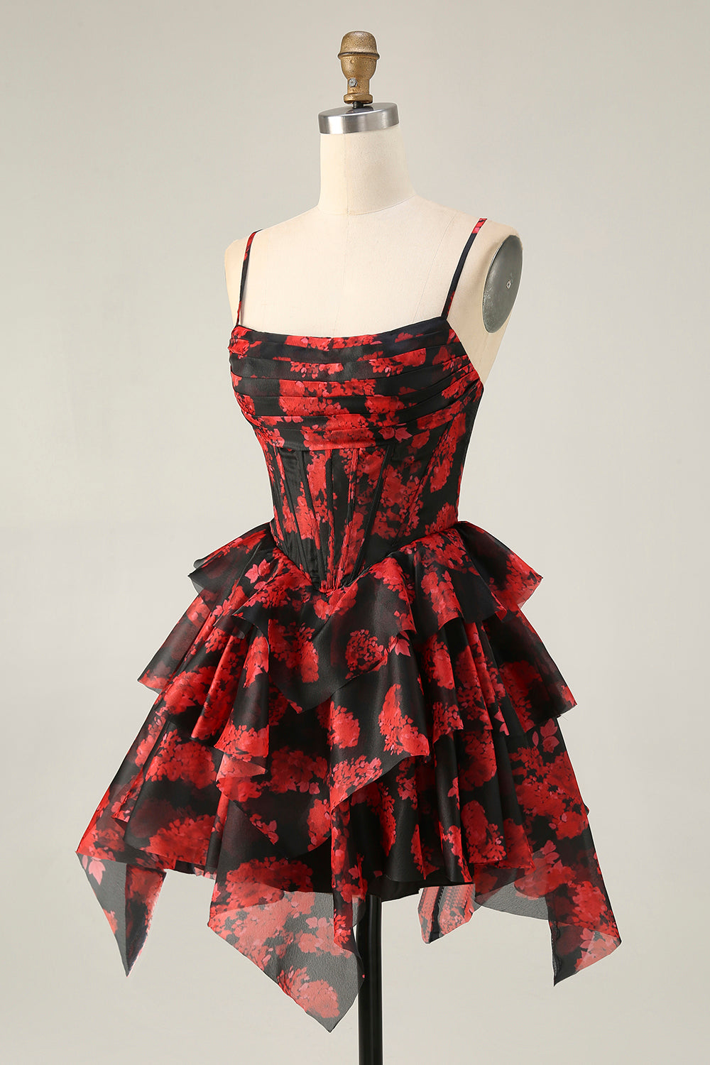 Black Red A Line Cowl Neck Corset Tiered Short Prom Dress