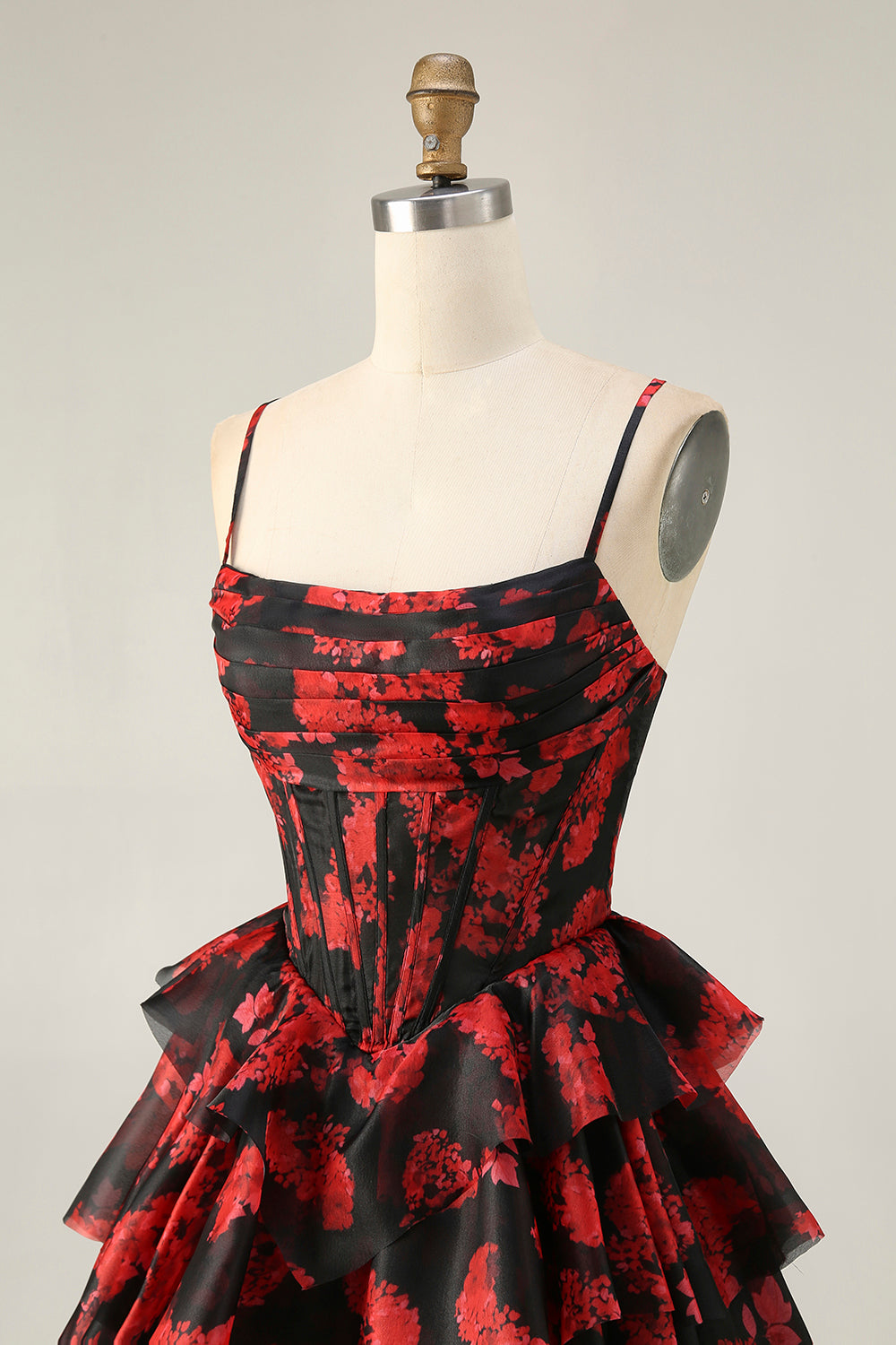 Black Red A Line Cowl Neck Corset Tiered Short Prom Dress