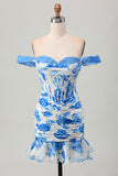 White Blue Flower Off the Shoulder Corset Short Prom Dress with Ruffles