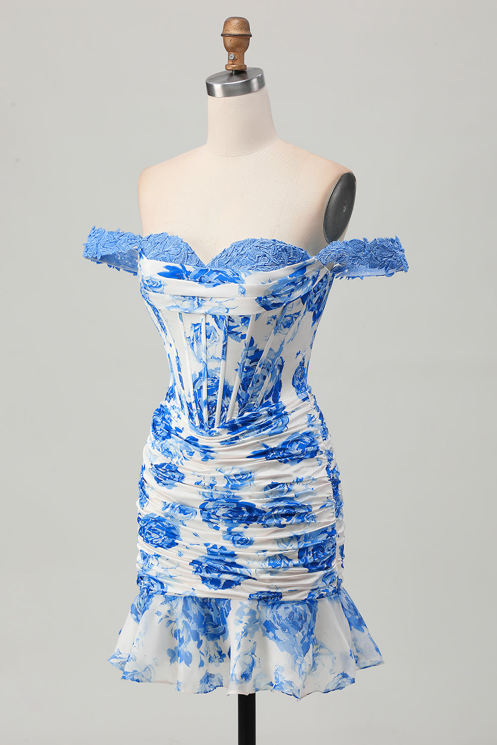 White Blue Flower Off the Shoulder Corset Short Prom Dress with Ruffles