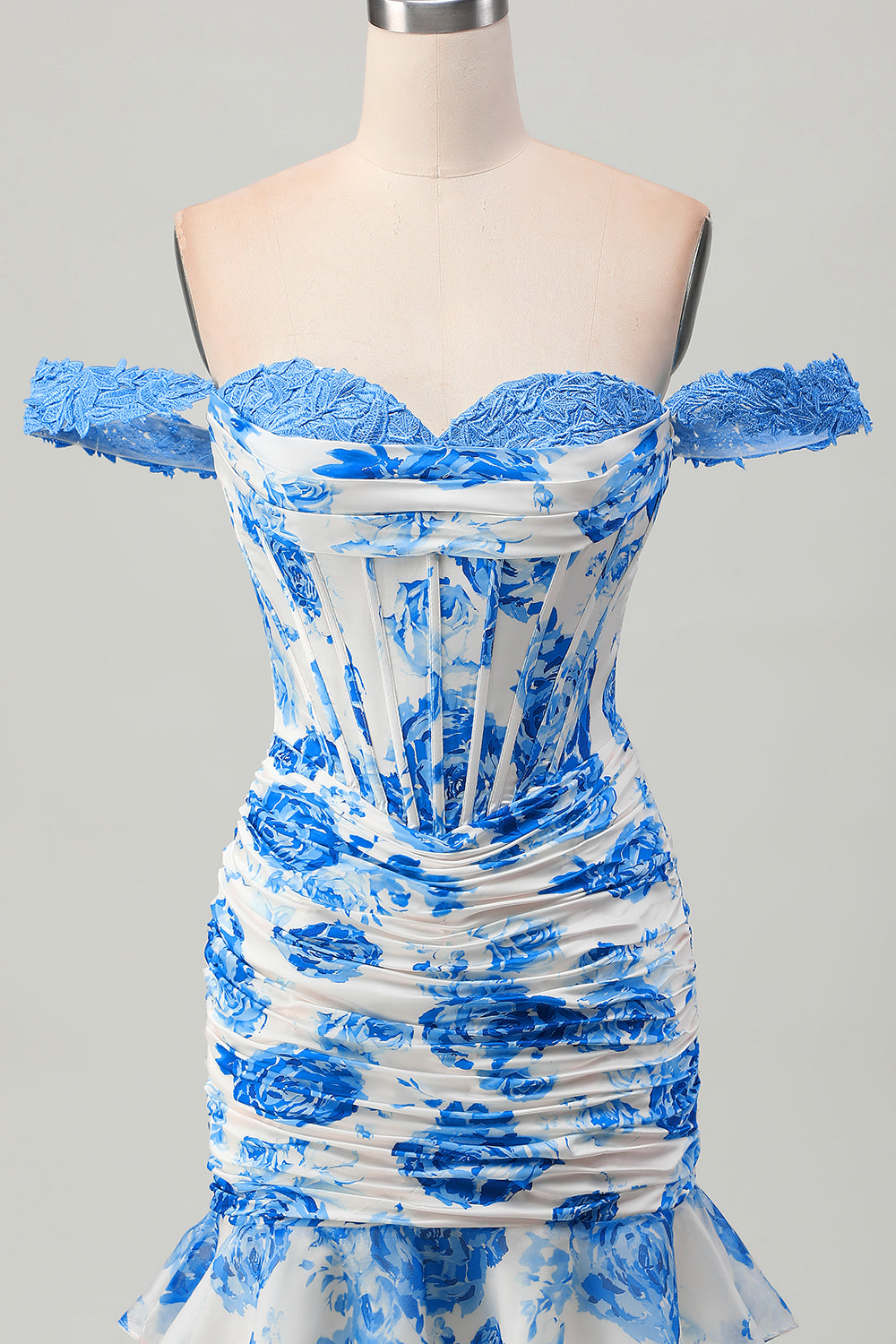 White Blue Flower Off the Shoulder Corset Short Prom Dress with Ruffles