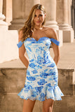 White Blue Flower Off the Shoulder Corset Satin Cocktail Dress with Ruffles