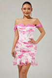 White Blue Flower Off the Shoulder Corset Satin Cocktail Dress with Ruffles