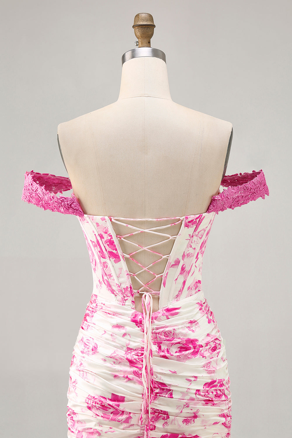 White Blue Flower Off the Shoulder Corset Satin Cocktail Dress with Ruffles