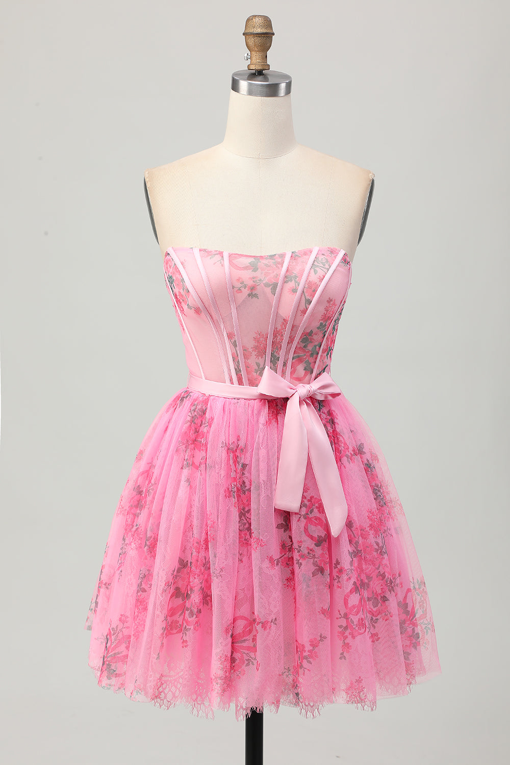 Pink Flower Strapless Corset Short Prom Dress with Bow