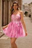 Pink Flower A-Line Corset Strapless Short Prom Dress