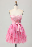 Pink Flower Strapless Corset Short Prom Dress with Bow