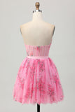 Pink Flower A-Line Corset Strapless Short Prom Dress