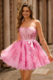 Pink Flower A-Line Corset Strapless Short Prom Dress