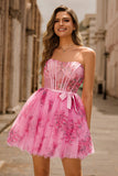Pink Flower A-Line Corset Strapless Short Prom Dress