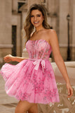 Pink Flower A-Line Corset Strapless Short Prom Dress