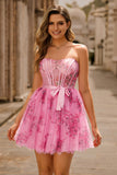 Pink Flower A-Line Corset Strapless Short Prom Dress
