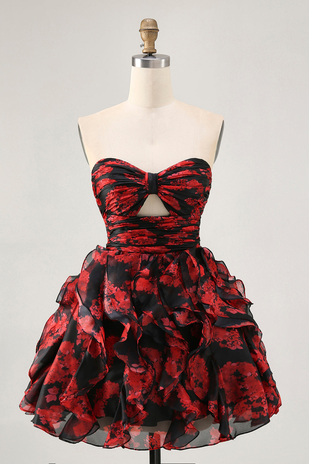 Black Red Strapless Ruffled Printed Cut Out Short Prom Dress