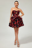 Black Red Strapless Ruffled Printed Cut Out Short Prom Dress
