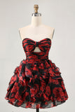 Black Red Strapless Ruffled Printed Cut Out Short Prom Dress