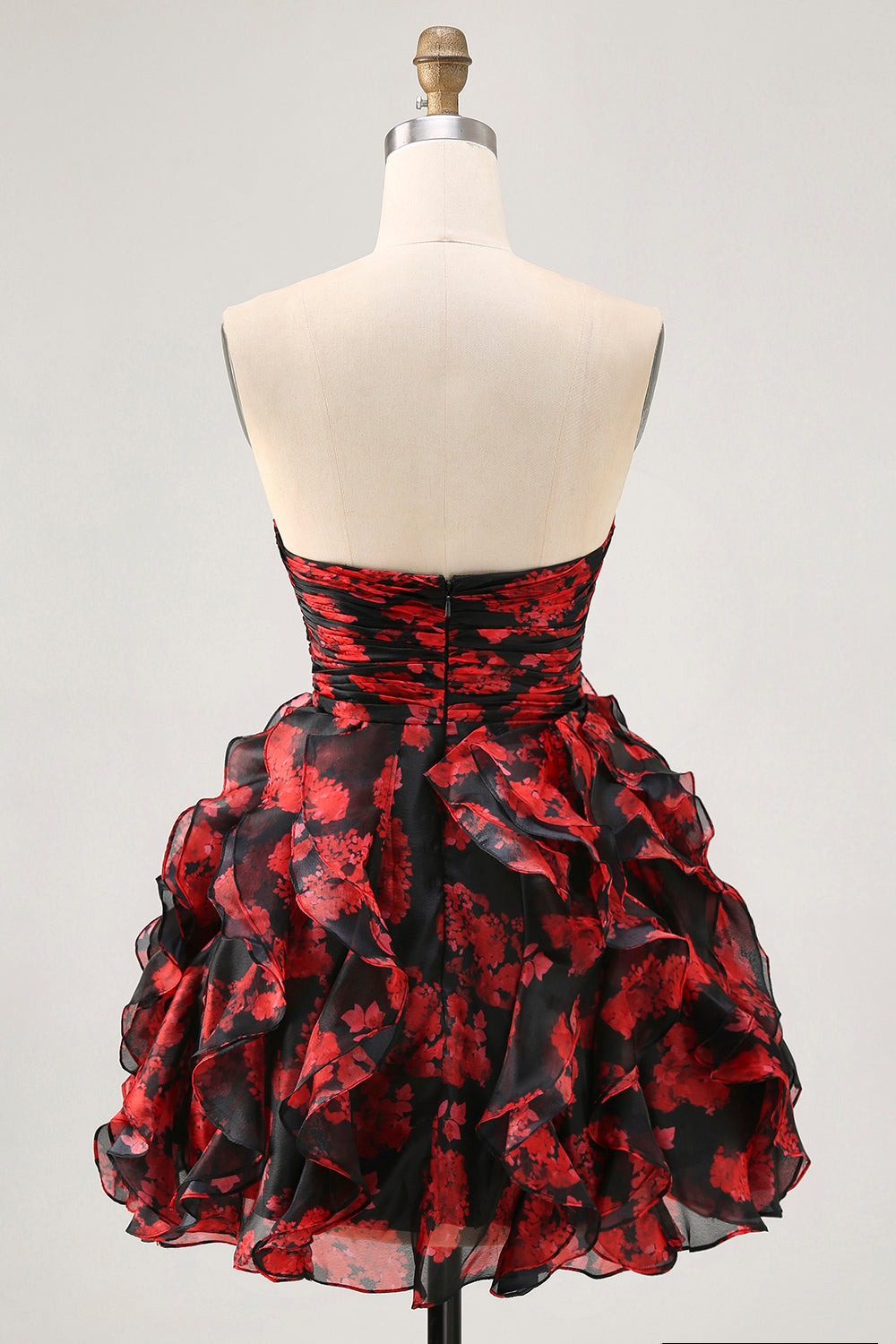 Black Red Strapless Ruffled Printed Cut Out Short Prom Dress