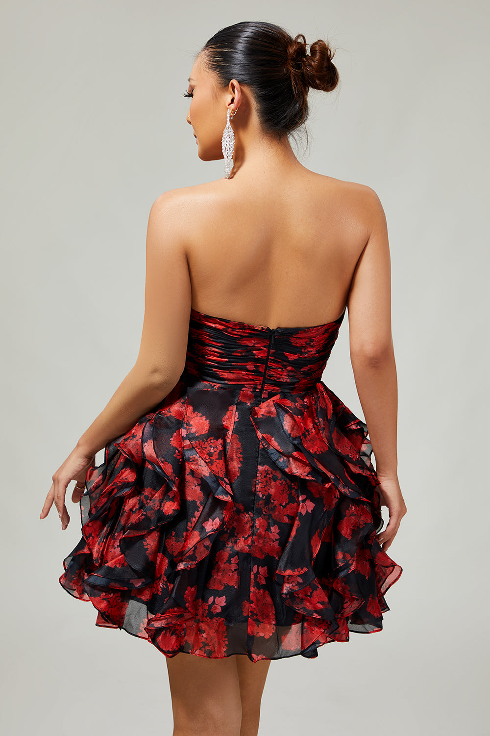 Black Red Strapless Ruffled Printed Cut Out Short Prom Dress