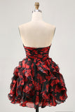 Black Red Strapless Ruffled Printed Cut Out Short Prom Dress