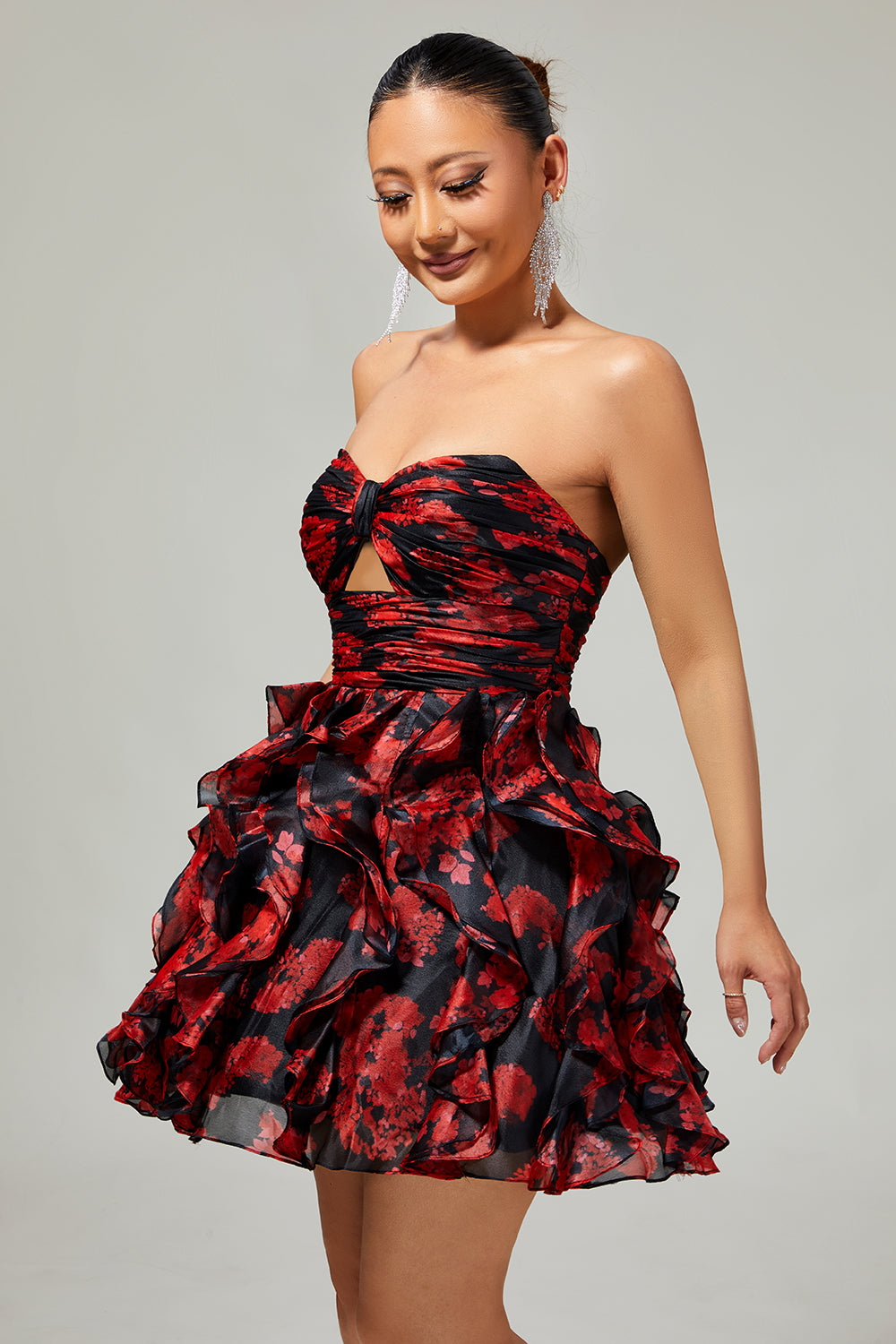 Black Red Strapless Ruffled Printed Cut Out Short Prom Dress