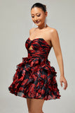 Black Red Strapless Ruffled Printed Cut Out Short Prom Dress