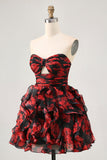 Black Red Strapless Ruffled Printed Cut Out Short Prom Dress