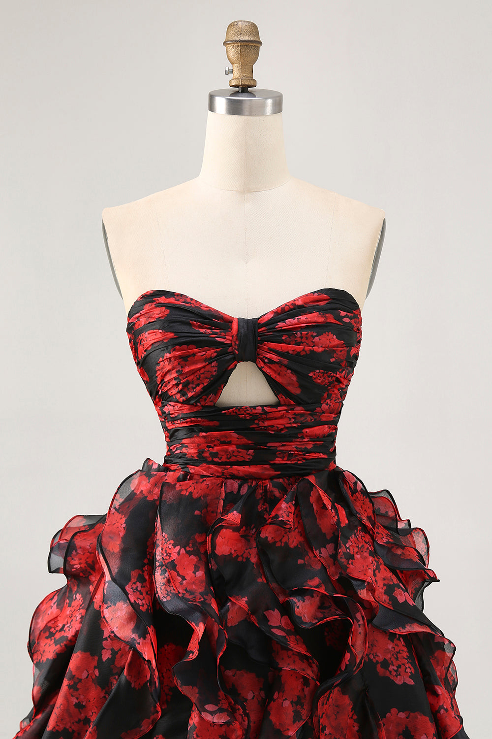 Black Red Strapless Ruffled Printed Cut Out Short Prom Dress